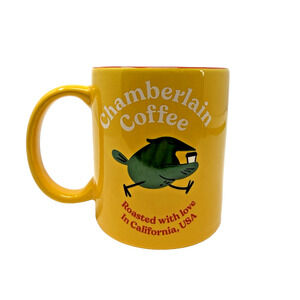 Chamberlain Coffee Yellow Mug Roasted With Love California USA Green Bird 4"